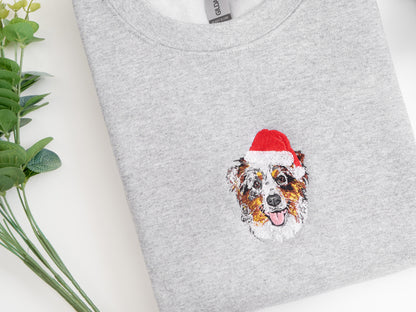 Custom Pet Embroidered Sweatshirt - Pet Portrait with Christmas Hat