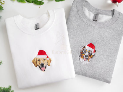 Custom Pet Embroidered Sweatshirt - Pet Portrait with Christmas Hat